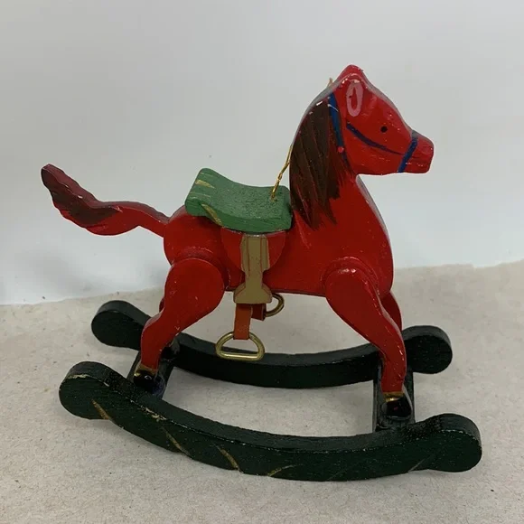 5 pc VINTAGE Christmas tree ornaments: Santa, rocking horse, and 3 round balls - Picture 3 of 17